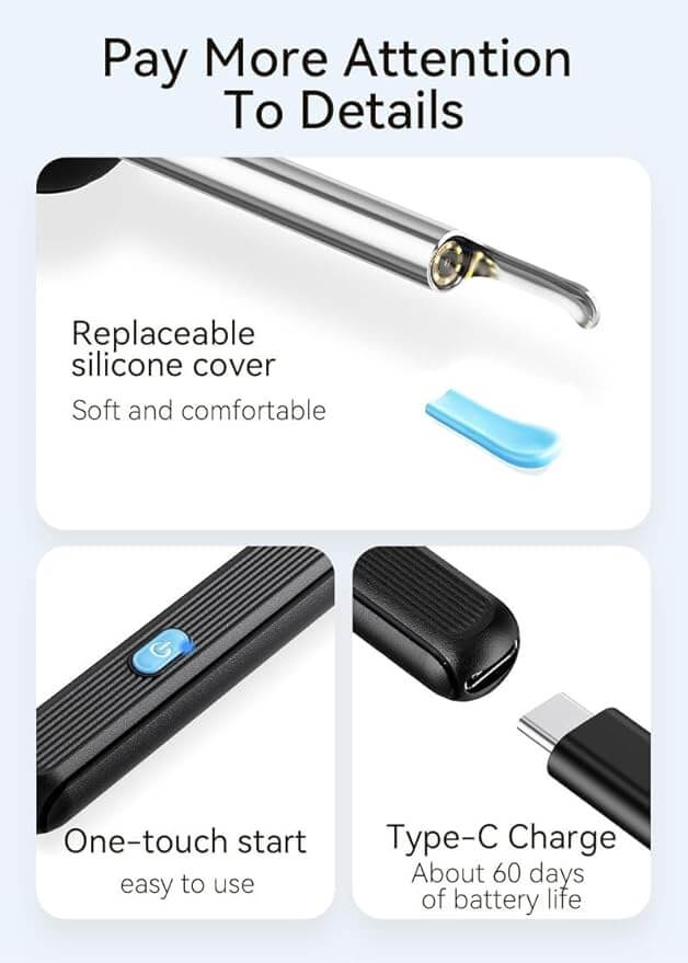 Wireless Ear Wax Removal Tool Kit with HD Camera – WiFi Endoscope Ear Cleaner with 6 LED Lights, Silicone Tips & Manual Tools – Safe for Adults, Kids & Babies – iOS & Android Compatible