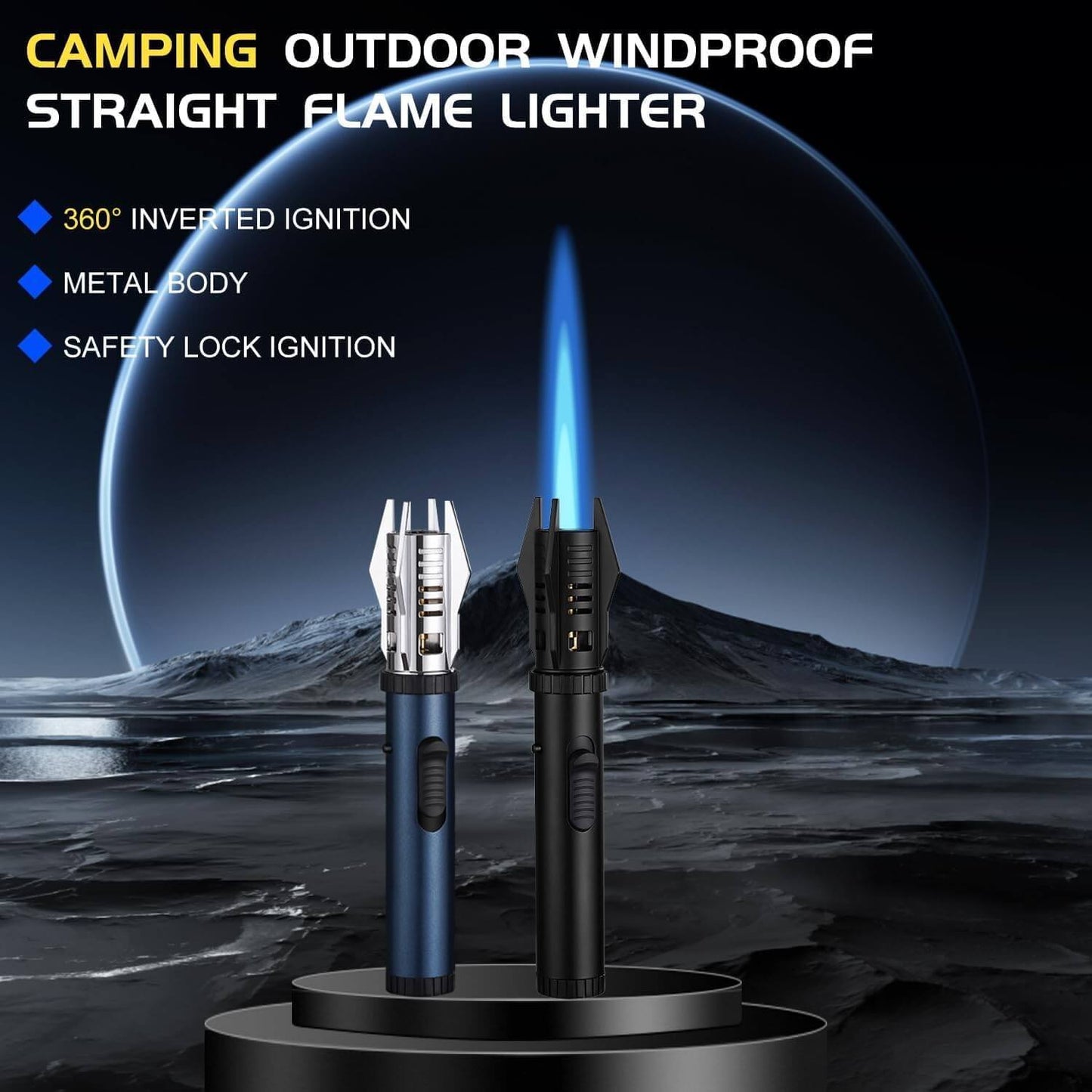 Torch Lighter with Adjustable Jet Flame & Safety Lock – Refillable Butane Gas Windproof Lighter for BBQ, Candles, Baking, Camping – Color-Changing Flame, Portable Metal Build