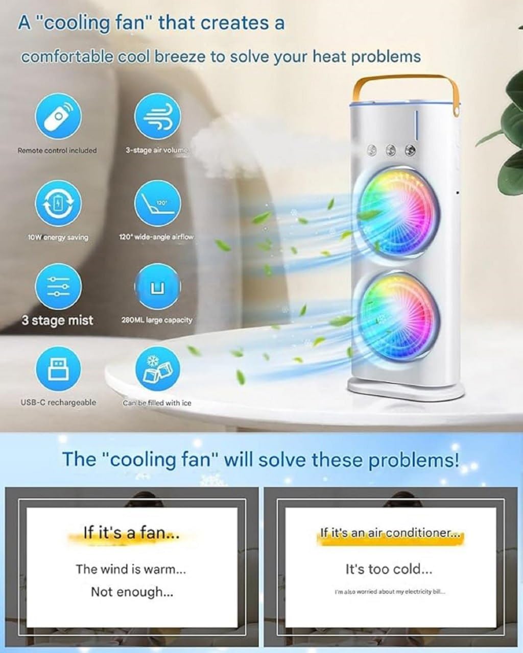 Portable Dual Head Cooling & Mist Spray USB Desk Fan | Rechargeable Mini Air Cooler with Humidifier, 180° Adjustable & 3 Wind Speeds – For Home, Office, Travel, Camping
