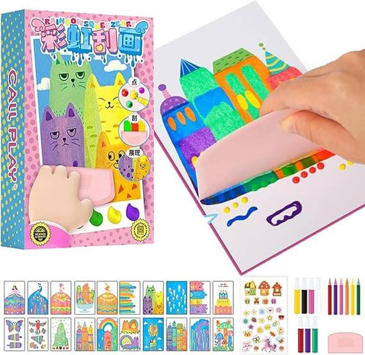 Squeegee Art Paint Kit for Kids – 35-Piece DIY Rainbow Scratch and Dot Painting Set – Fun Children's Craft Kit with Paints, Paper, Squeegee & More