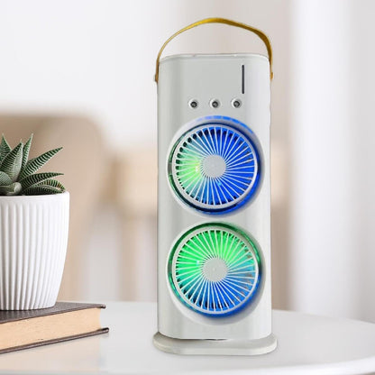 Portable Dual Head Cooling & Mist Spray USB Desk Fan | Rechargeable Mini Air Cooler with Humidifier, 180° Adjustable & 3 Wind Speeds – For Home, Office, Travel, Camping