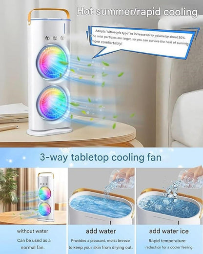 Portable Dual Head Cooling & Mist Spray USB Desk Fan | Rechargeable Mini Air Cooler with Humidifier, 180° Adjustable & 3 Wind Speeds – For Home, Office, Travel, Camping