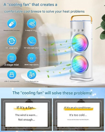 Portable Dual Head Cooling & Mist Spray USB Desk Fan | Rechargeable Mini Air Cooler with Humidifier, 180° Adjustable & 3 Wind Speeds – For Home, Office, Travel, Camping