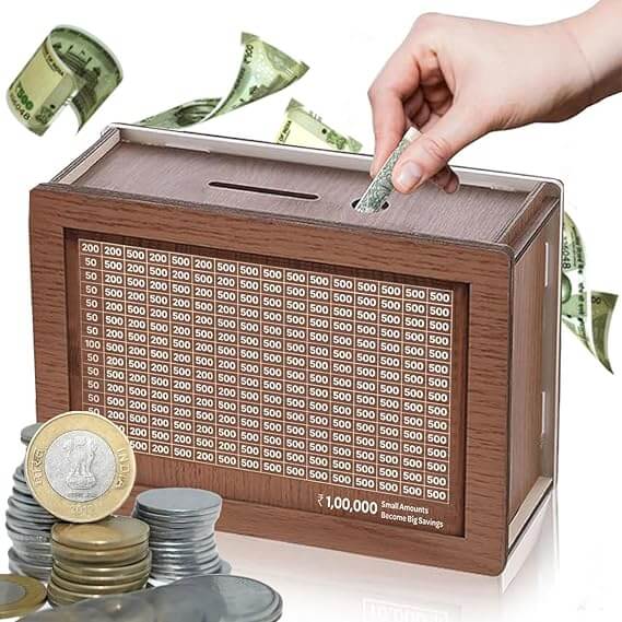 Wooden Piggy Bank with Counter – Retro Cash & Coin Savings Box with Countdown and Goal Tracker for Kids & Adults