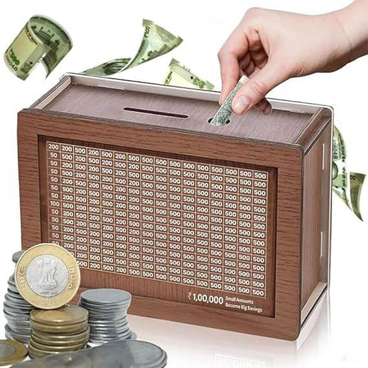 Wooden Piggy Bank with Counter – Retro Cash & Coin Savings Box with Countdown and Goal Tracker for Kids & Adults
